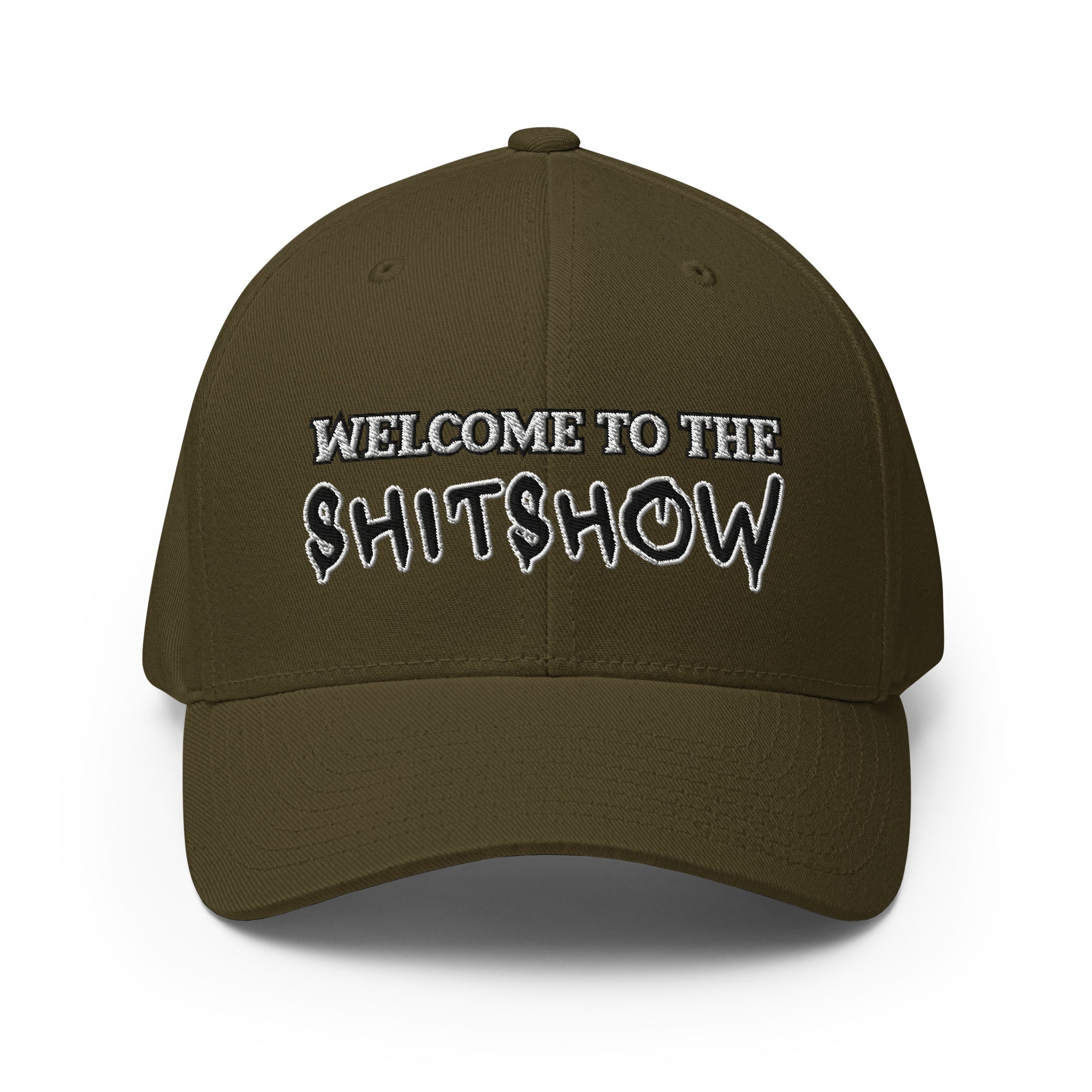 Brown cap with white text 'WELCOME TO THE SHITSHOW' on a white background