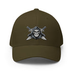Dark green cap with a skull and crossed swords emblem on a white background