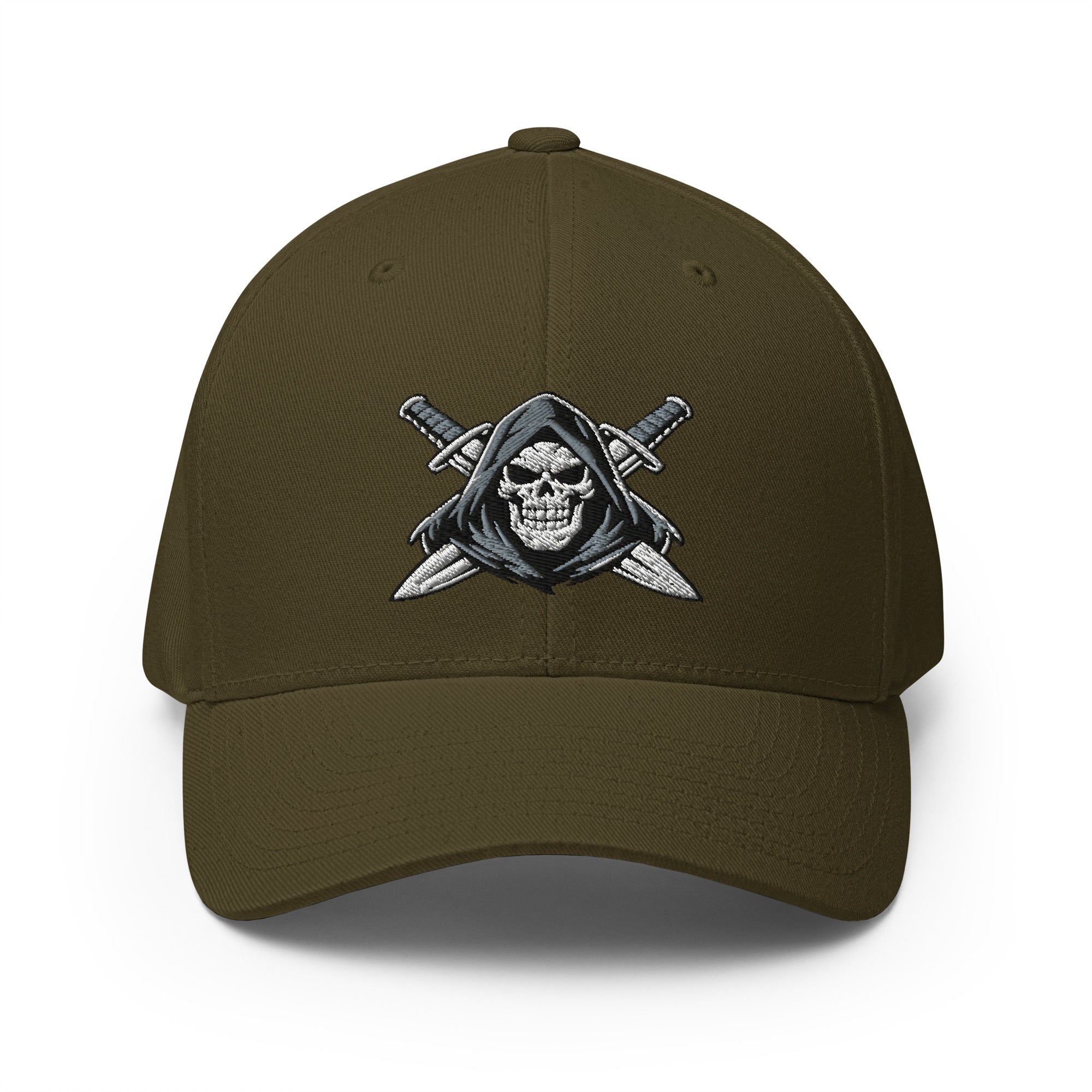 Dark green cap with a skull and crossed swords emblem on a white background