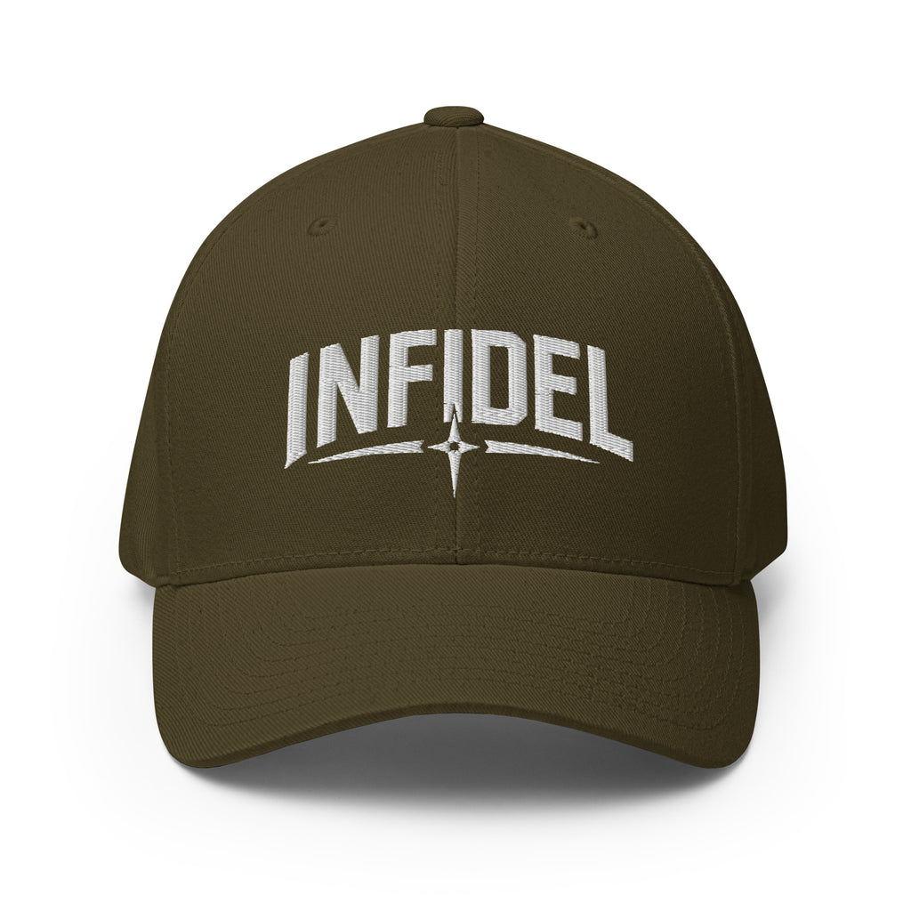 Brown cap with 'INFIDEL' text on a white background