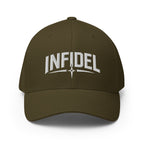 Brown cap with 'INFIDEL' text on a white background