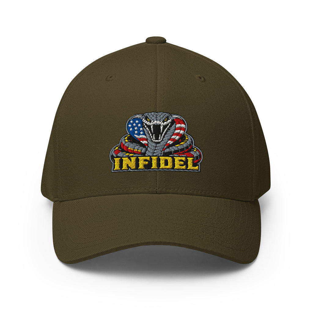 Front view of olive Infidel USA Flag Cobra Flexfit hat