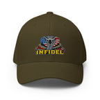 Front view of olive Infidel USA Flag Cobra Flexfit hat