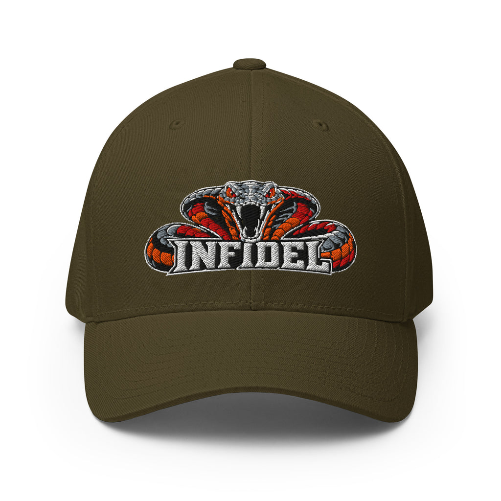 Front view of olive Infidel Cobra King Flexfit hat