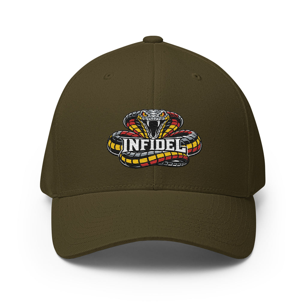 Front view of olive Infidel Coiled Cobra Flexfit hat