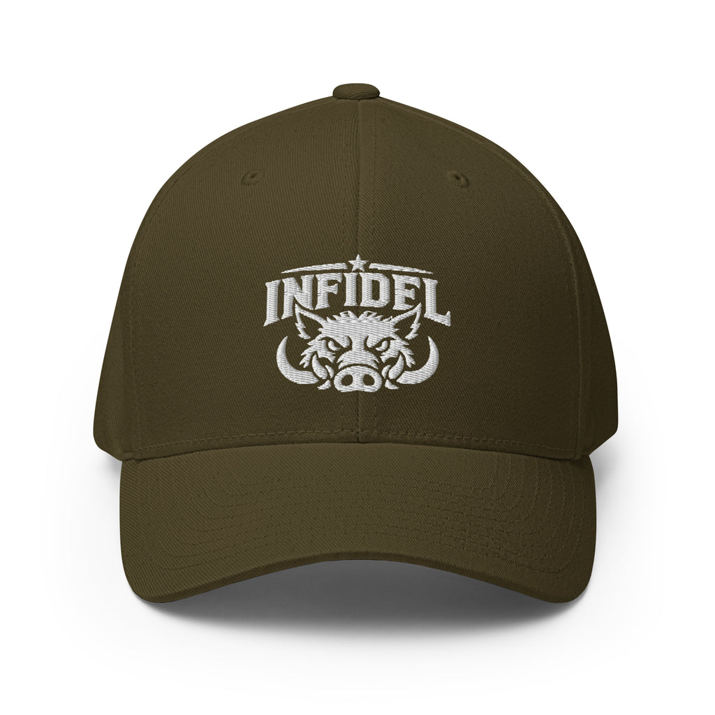 Front view of olive Infidel War Pig Flexfit hat