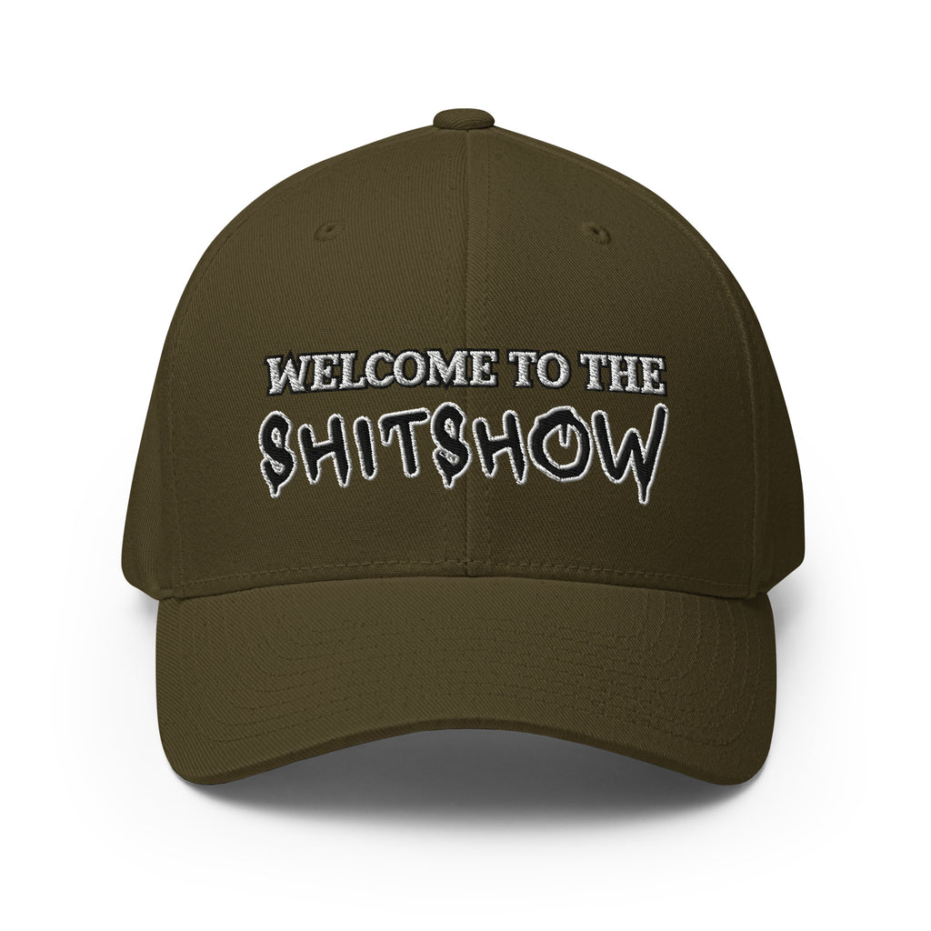 Front view of olive Welcome to the Shitshow Flexfit hat