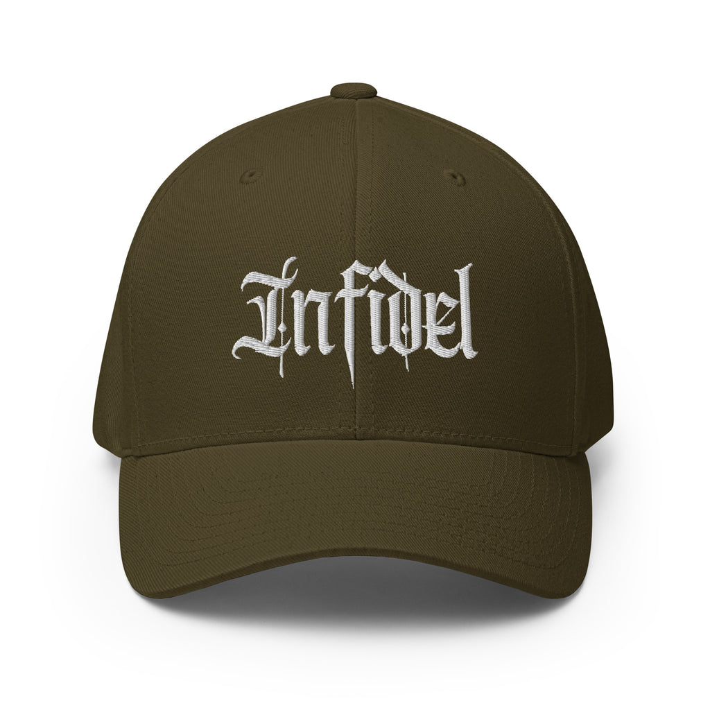 Front view of olive Infidel Script Flexfit hat