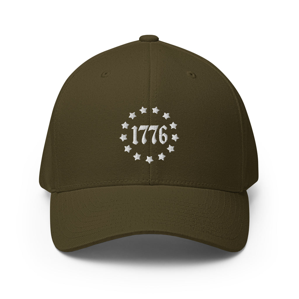 Front view of olive 1776 Betsy Ross Stars Flexfit hat