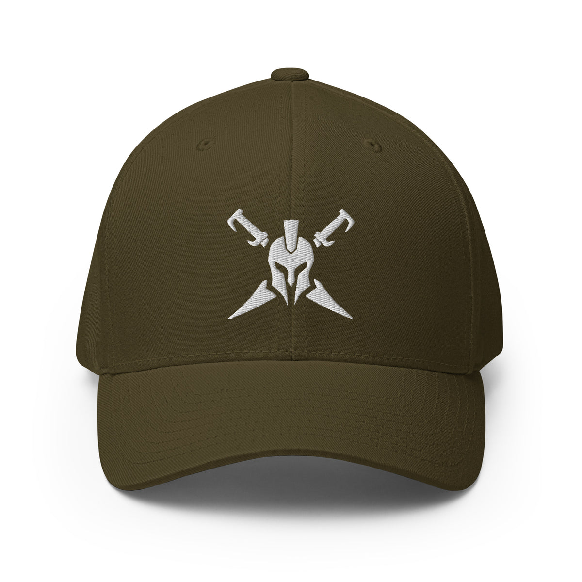 Olive structured Flexfit cap, front view with Call to Arms embroidery
