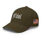 Brown cap with 'Infidel' text and American flag patch on a white background