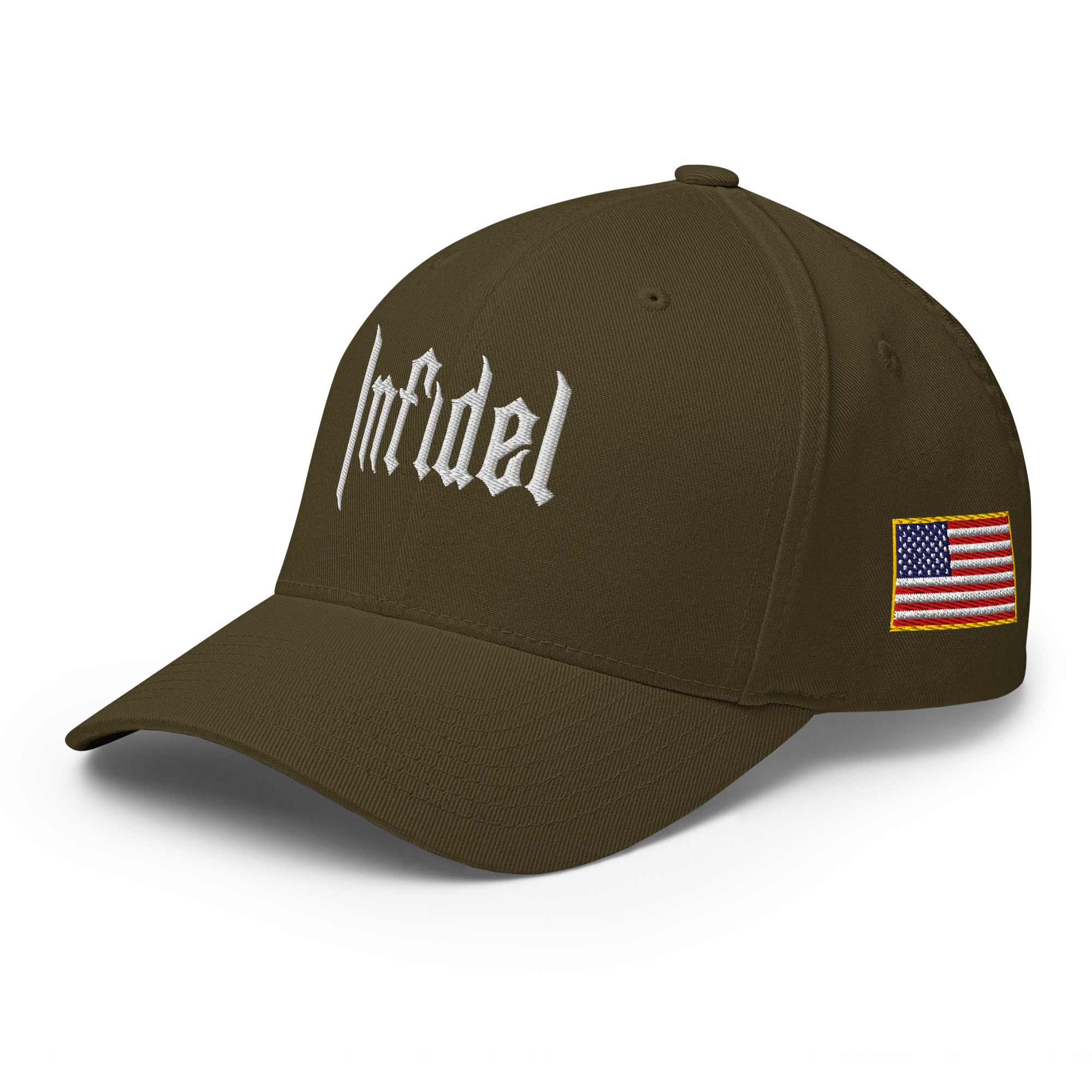 Brown cap with 'Infidel' text and American flag patch on a white background