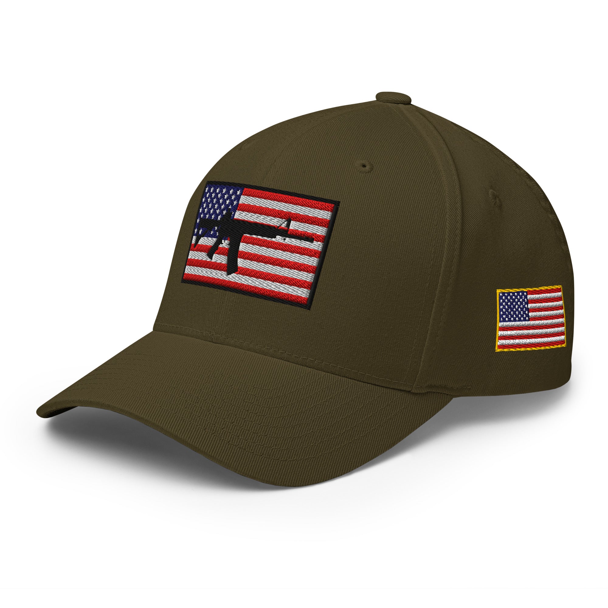 Brown cap with American flag patches on a white background