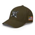 Brown cap with skull and sword emblem and American flag patch on a white background