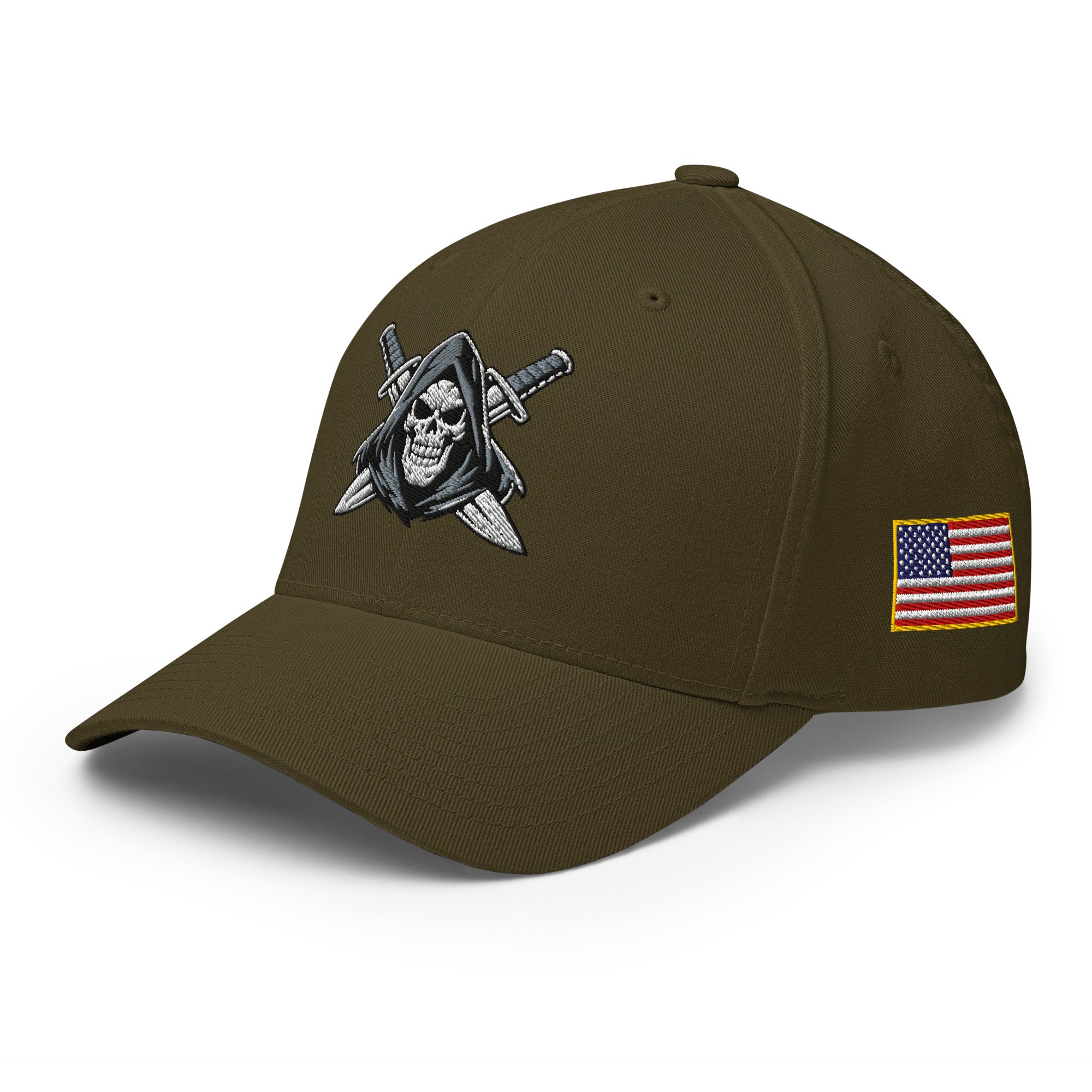 Brown cap with skull and sword emblem and American flag patch on a white background