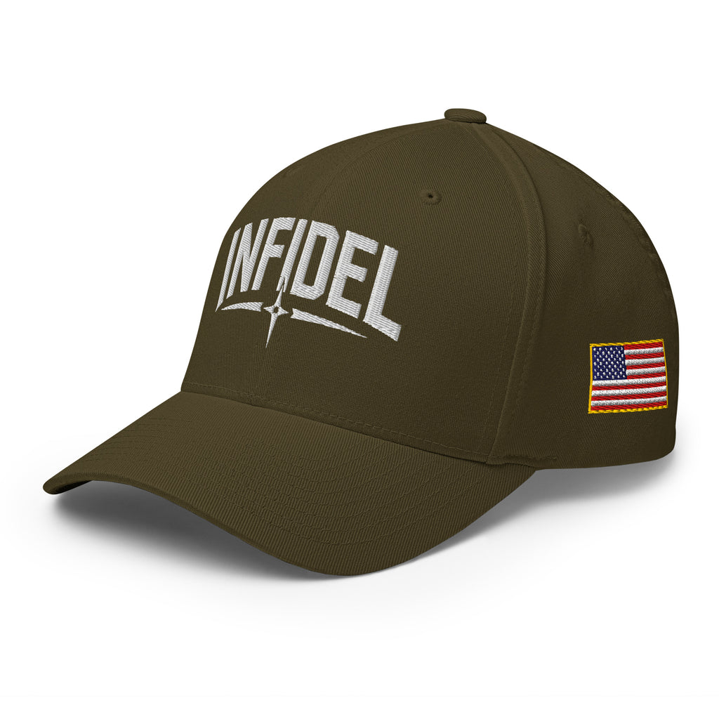 Brown cap with 'INFIDEL' text and American flag patch on a white background