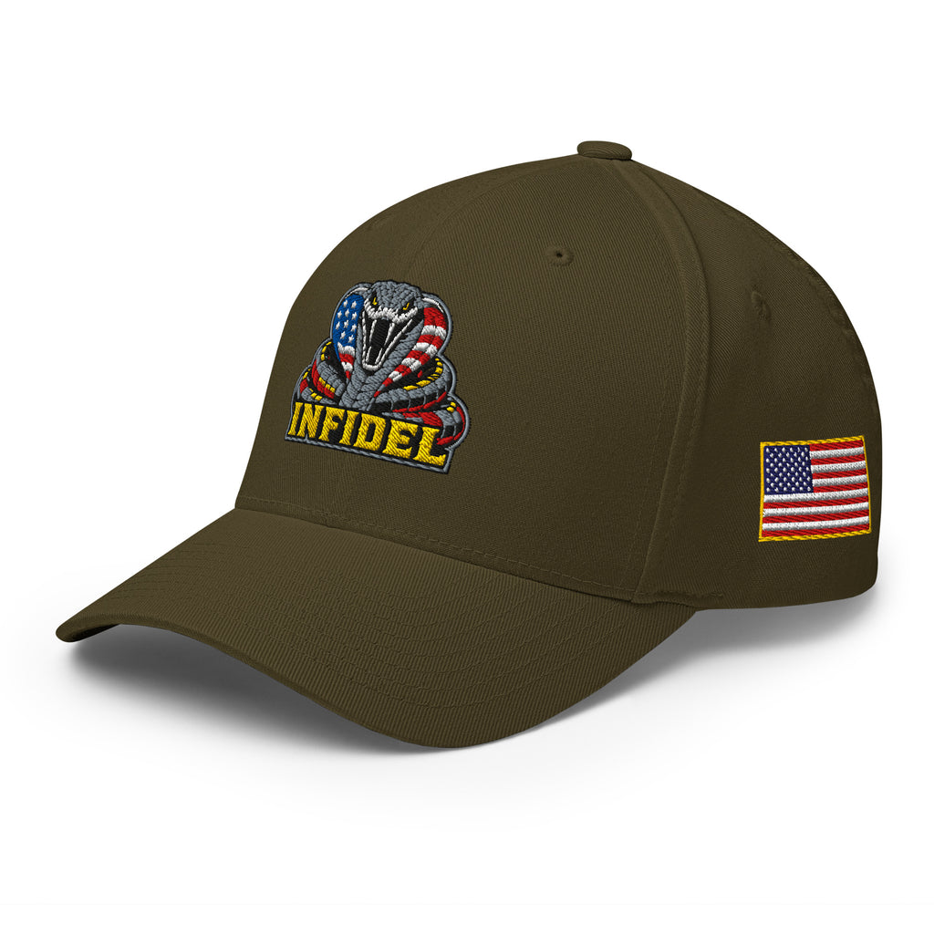 Left-front view of olive Infidel USA Flag Cobra Flexfit hat