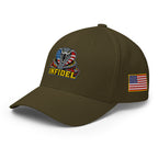 Left-front view of olive Infidel USA Flag Cobra Flexfit hat