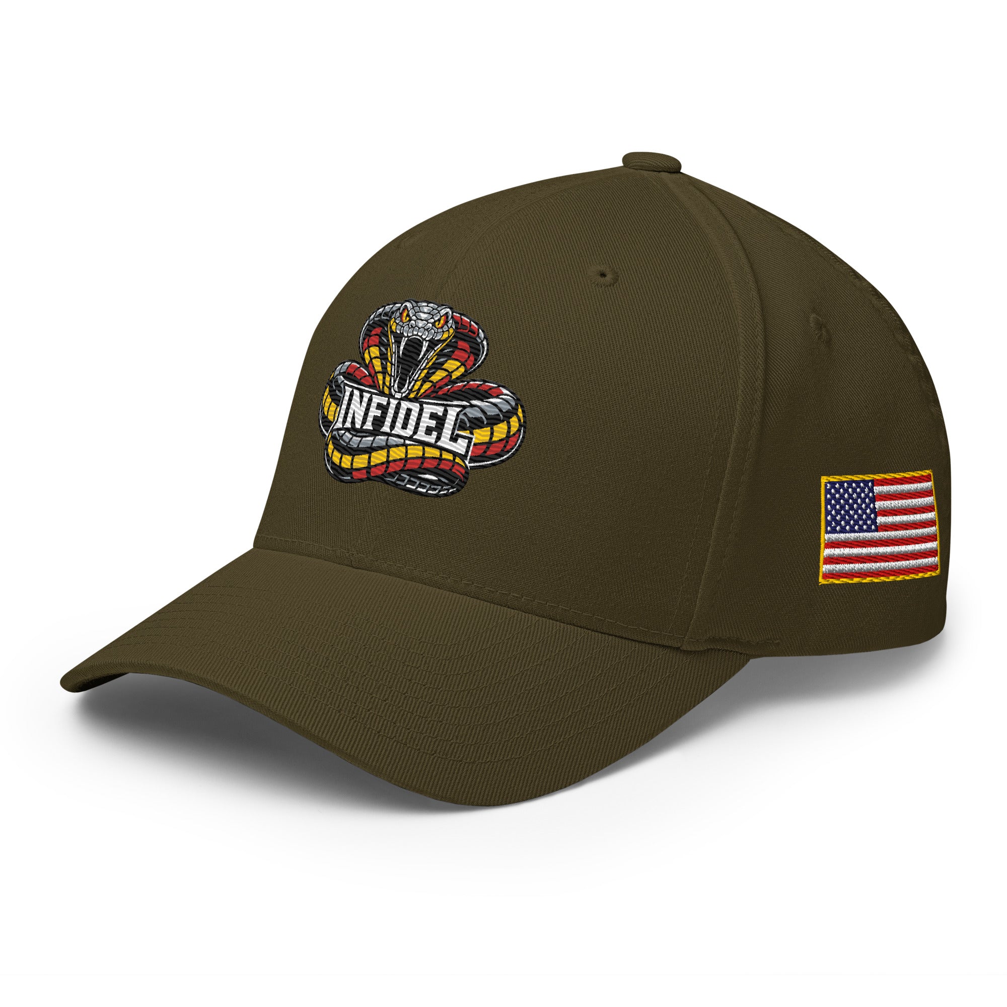 Left-front view of olive Infidel Coiled Cobra Flexfit hat