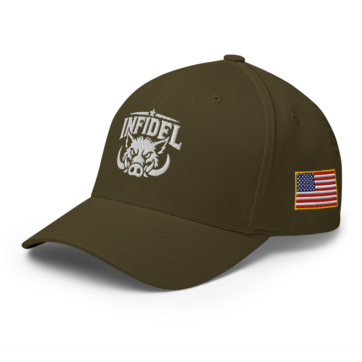Left-front view of olive Infidel War Pig Flexfit hat