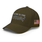 Left-front view of olive Welcome to the Shitshow Flexfit hat