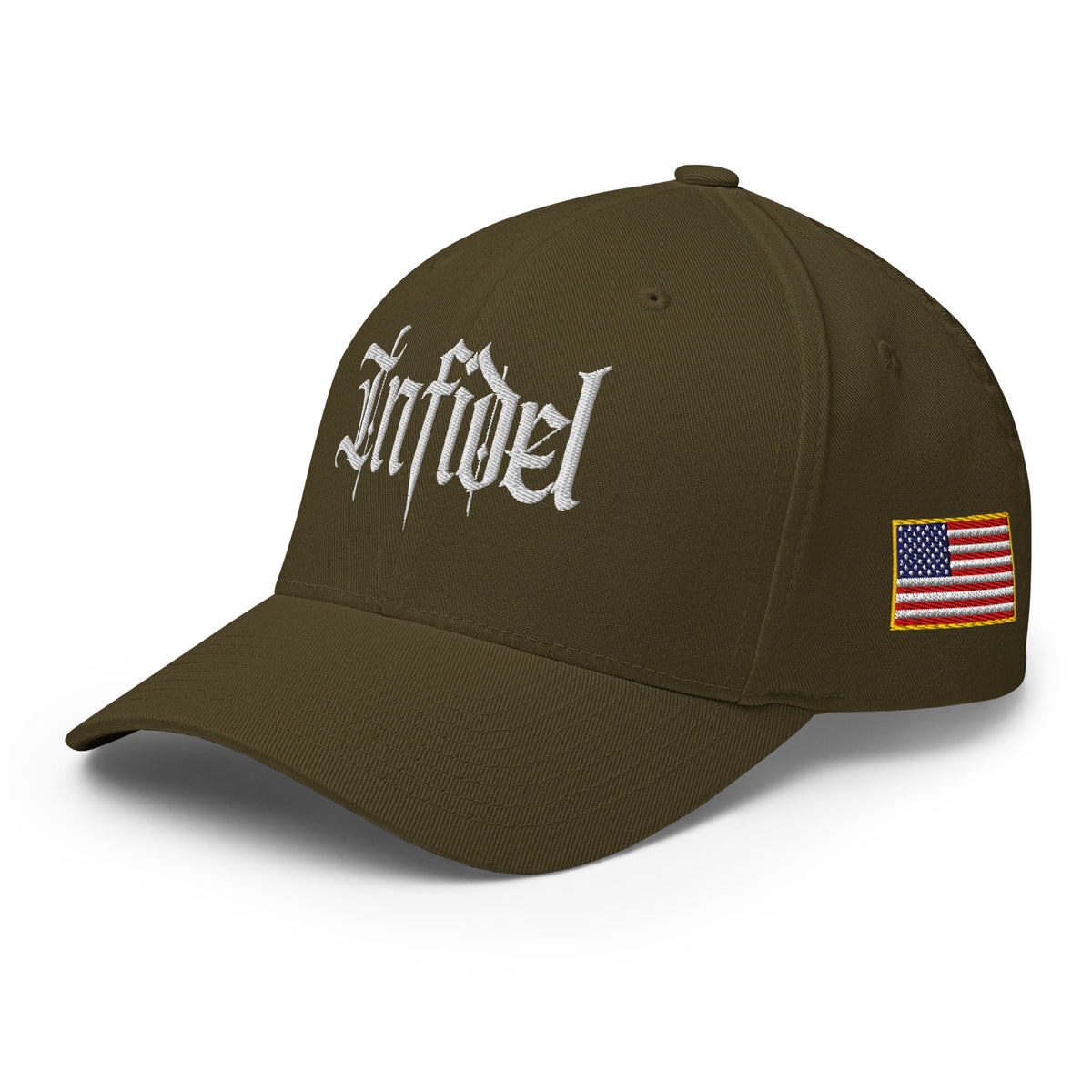 Left-front view of olive Infidel Script Flexfit hat