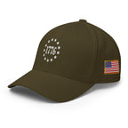 Left-front view of olive 1776 Betsy Ross Stars Flexfit hat