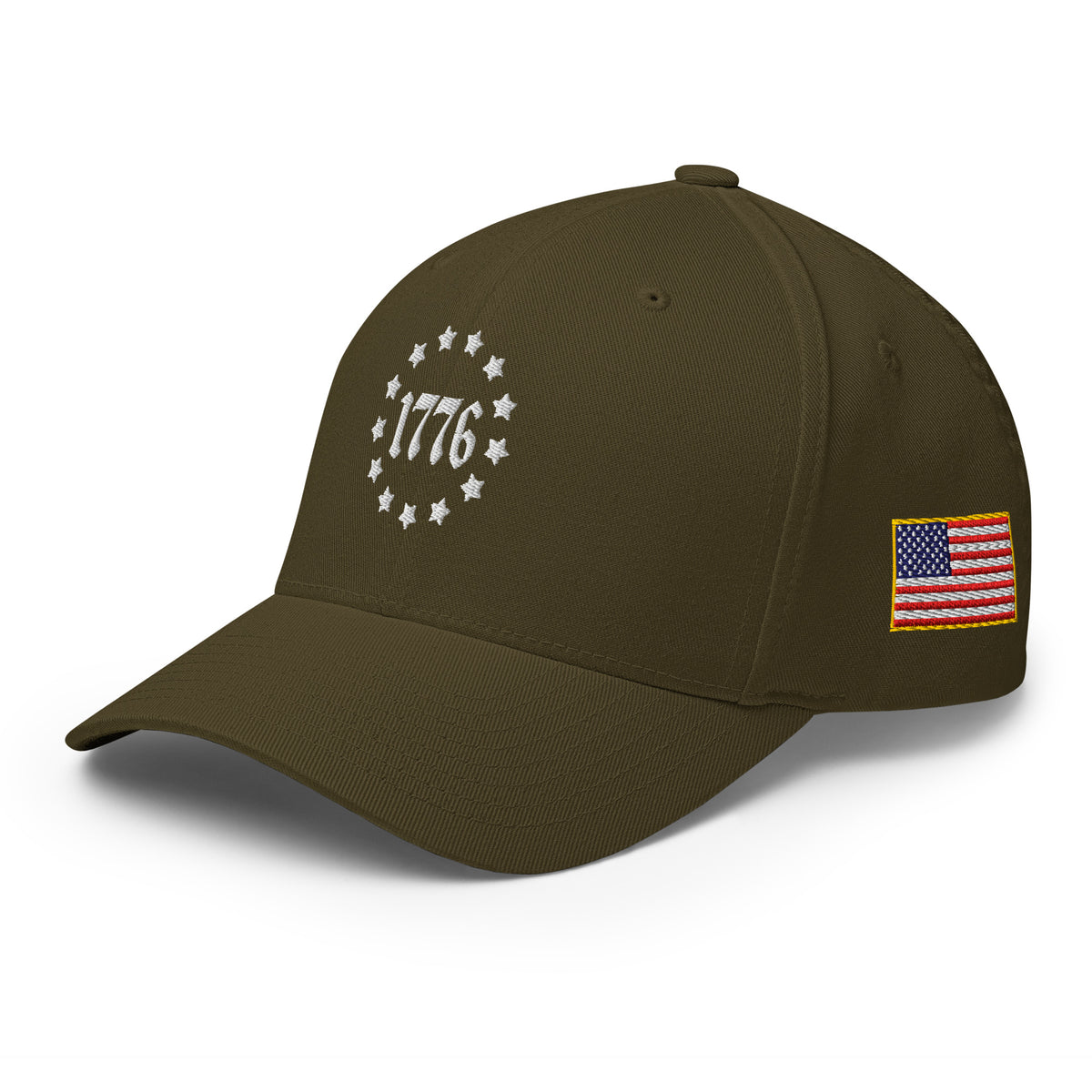 Left-front view of olive 1776 Betsy Ross Stars Flexfit hat