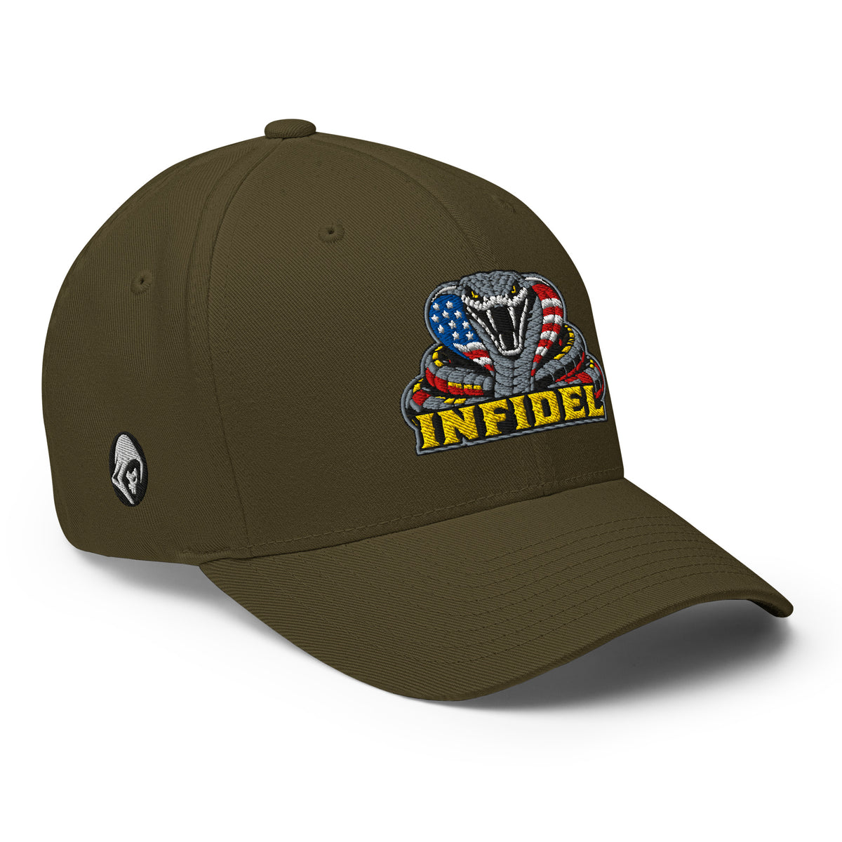 Right-front view of olive Infidel USA Flag Cobra Flexfit hat