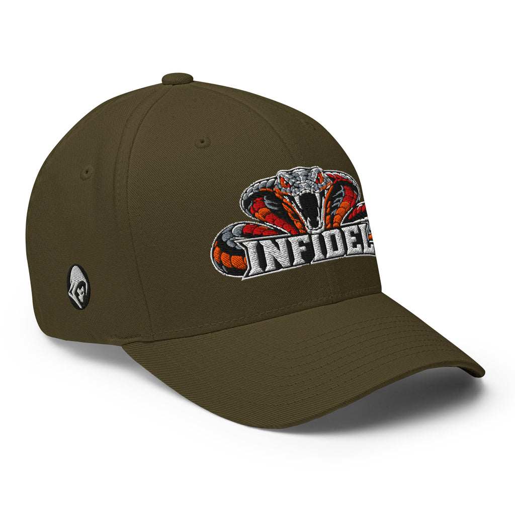 Right-front view of olive Infidel Cobra King Flexfit hat