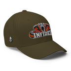 Right-front view of olive Infidel Cobra King Flexfit hat