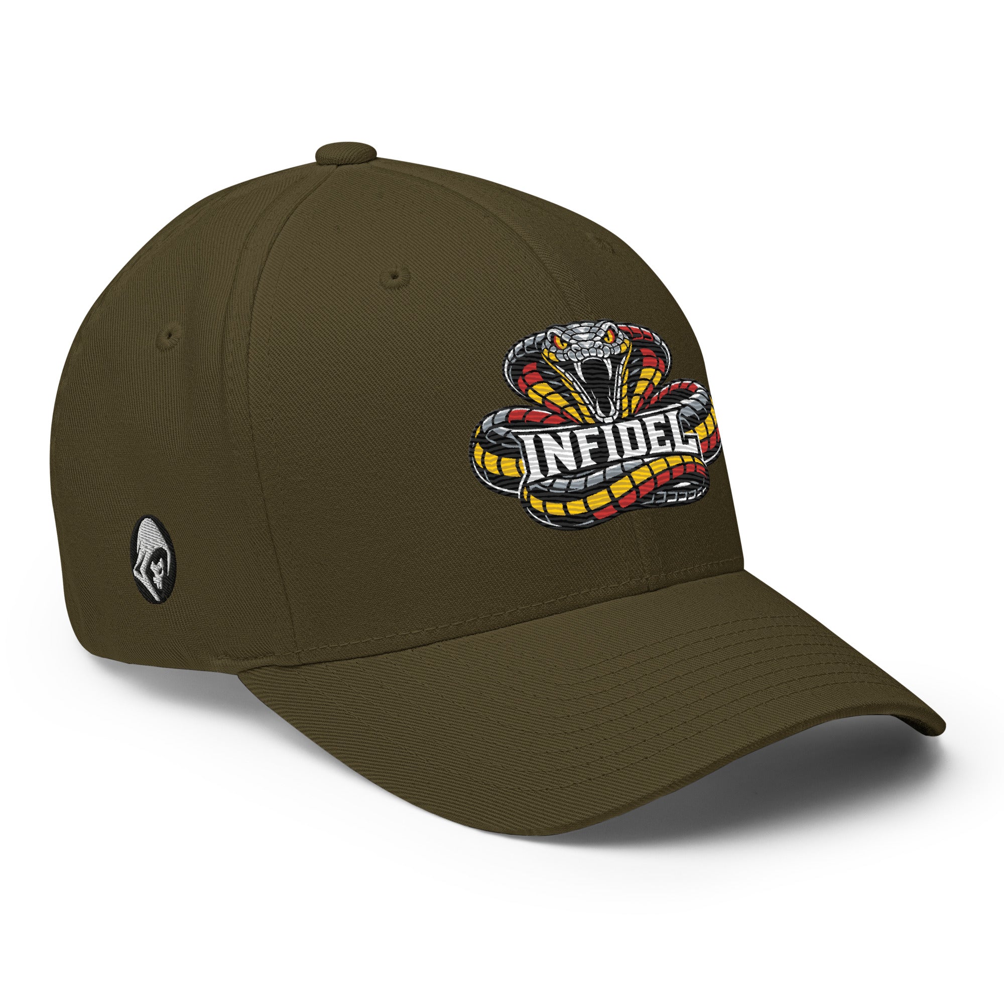 Right-front view of olive Infidel Coiled Cobra Flexfit hat