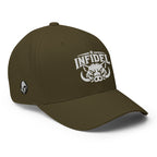 Right-front view of olive Infidel War Pig Flexfit hat