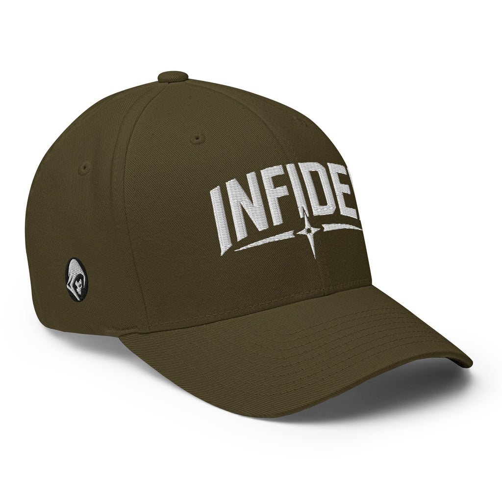 Right-front view of olive Infidel Spike Flexfit hat