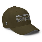 Right-front view of olive Welcome to the Shitshow Flexfit hat