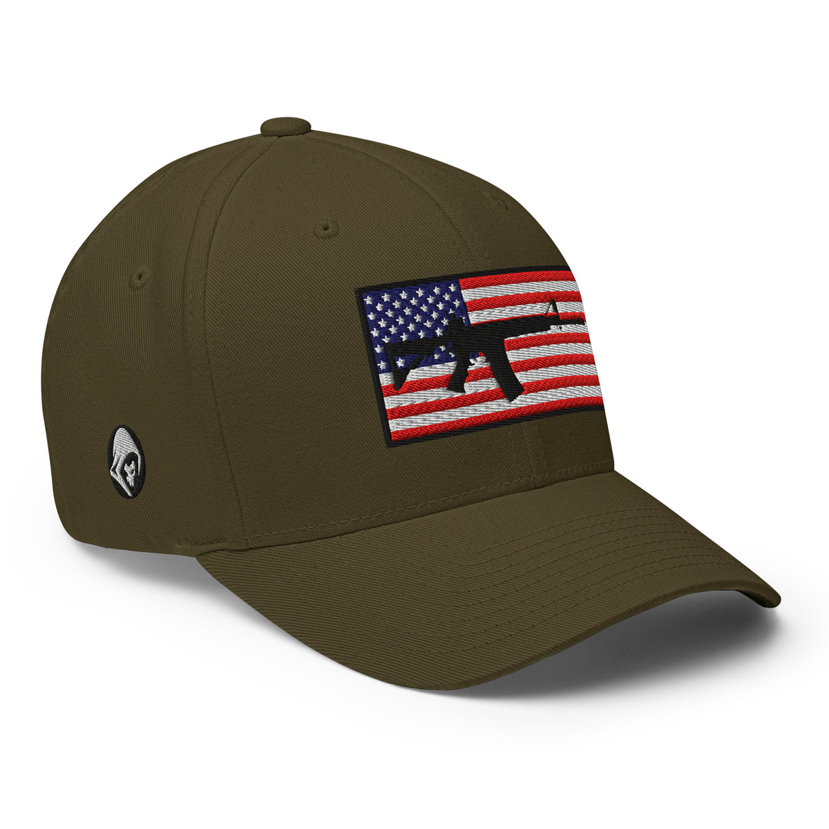 Right-front view of olive AR-15 Old Glory Flexfit hat