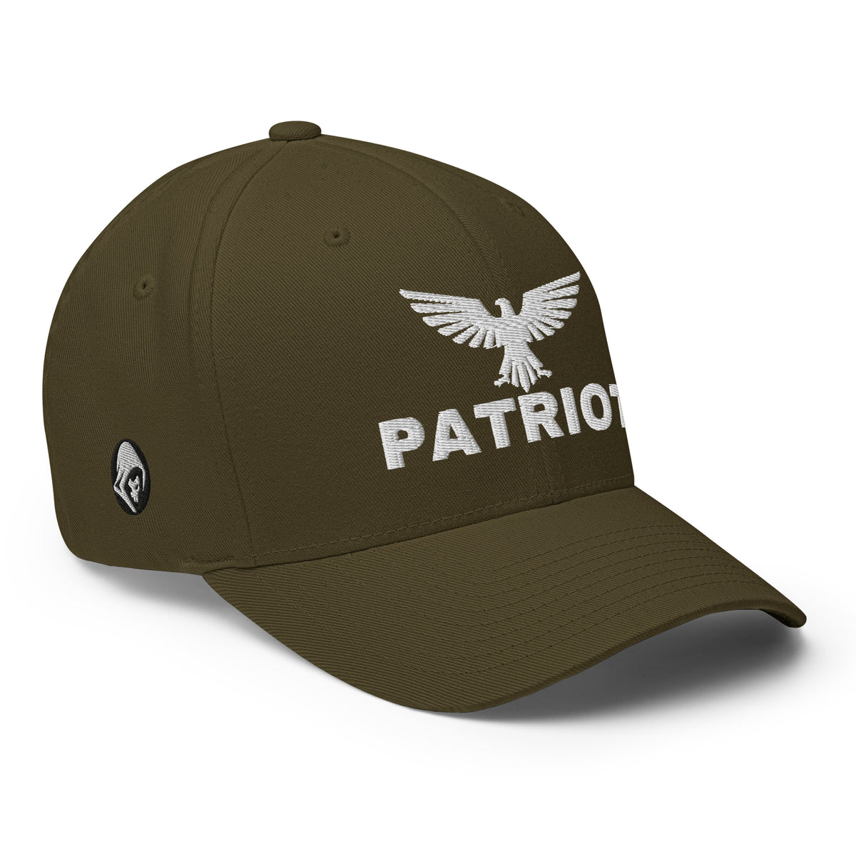 Right-front view of olive Patriot Eagle Flexfit hat