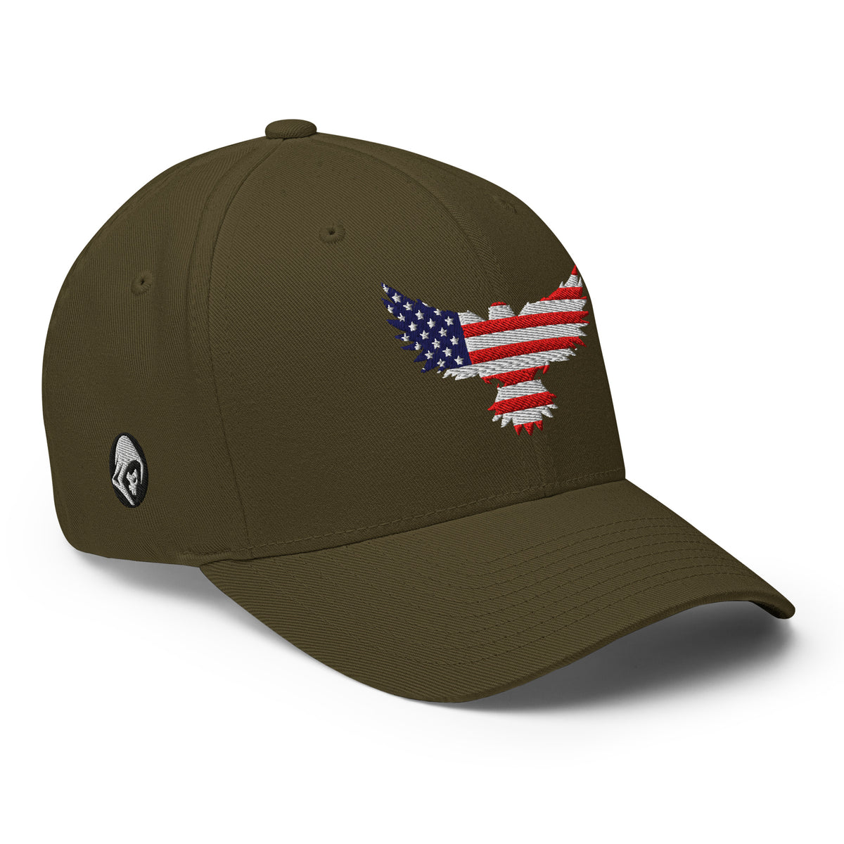 Right-front view of olive Old Glory Eagle Flexfit hat