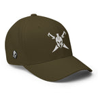Olive structured Flexfit cap, right front view with Call to Arms embroidery