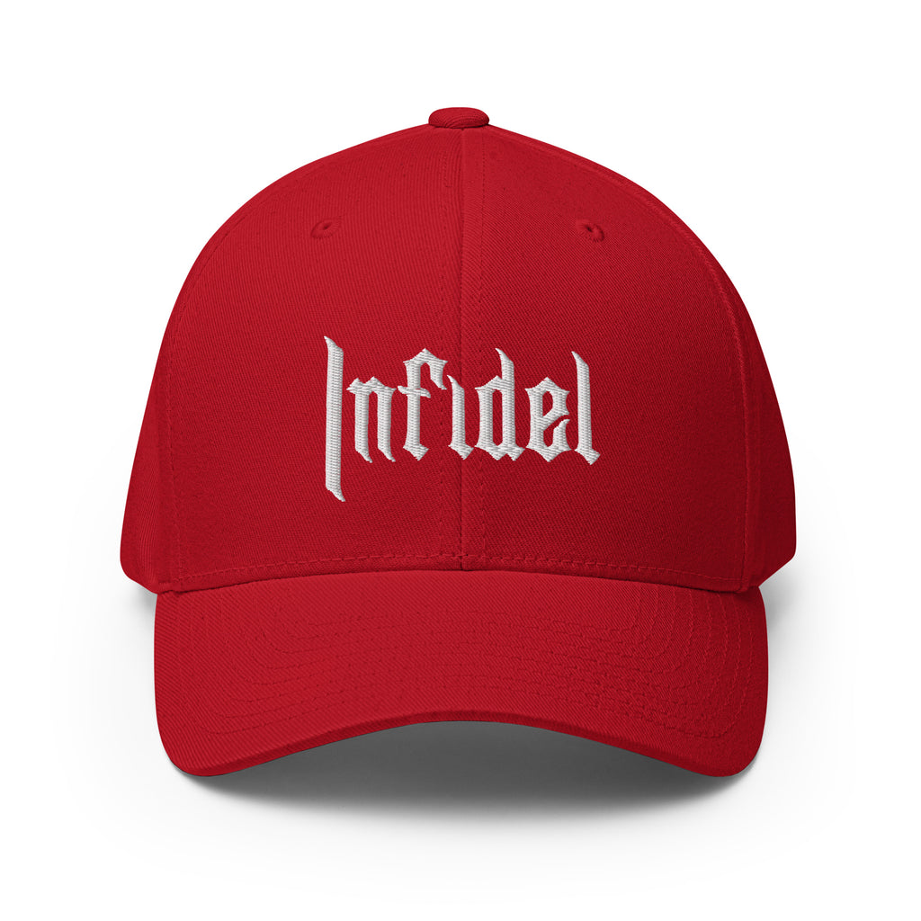 Red cap with 'Infidel' text on a white background