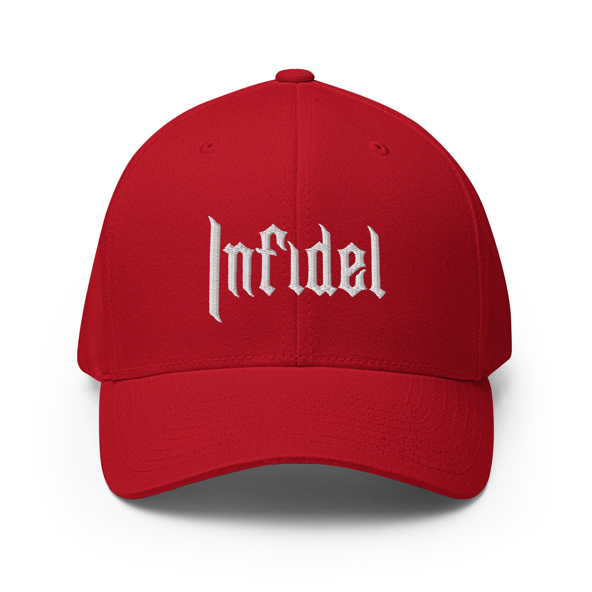 Red cap with 'Infidel' text on a white background