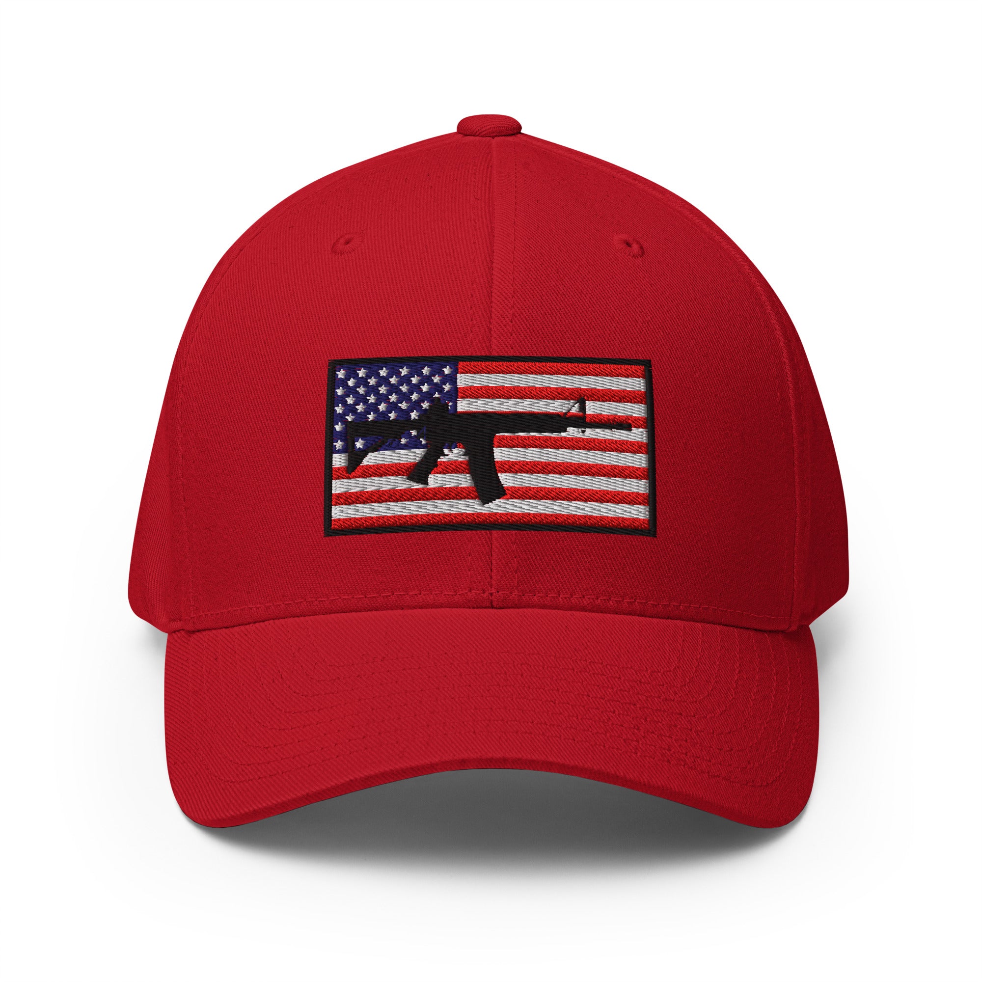 Red cap with American flag and gun emblem on a white background
