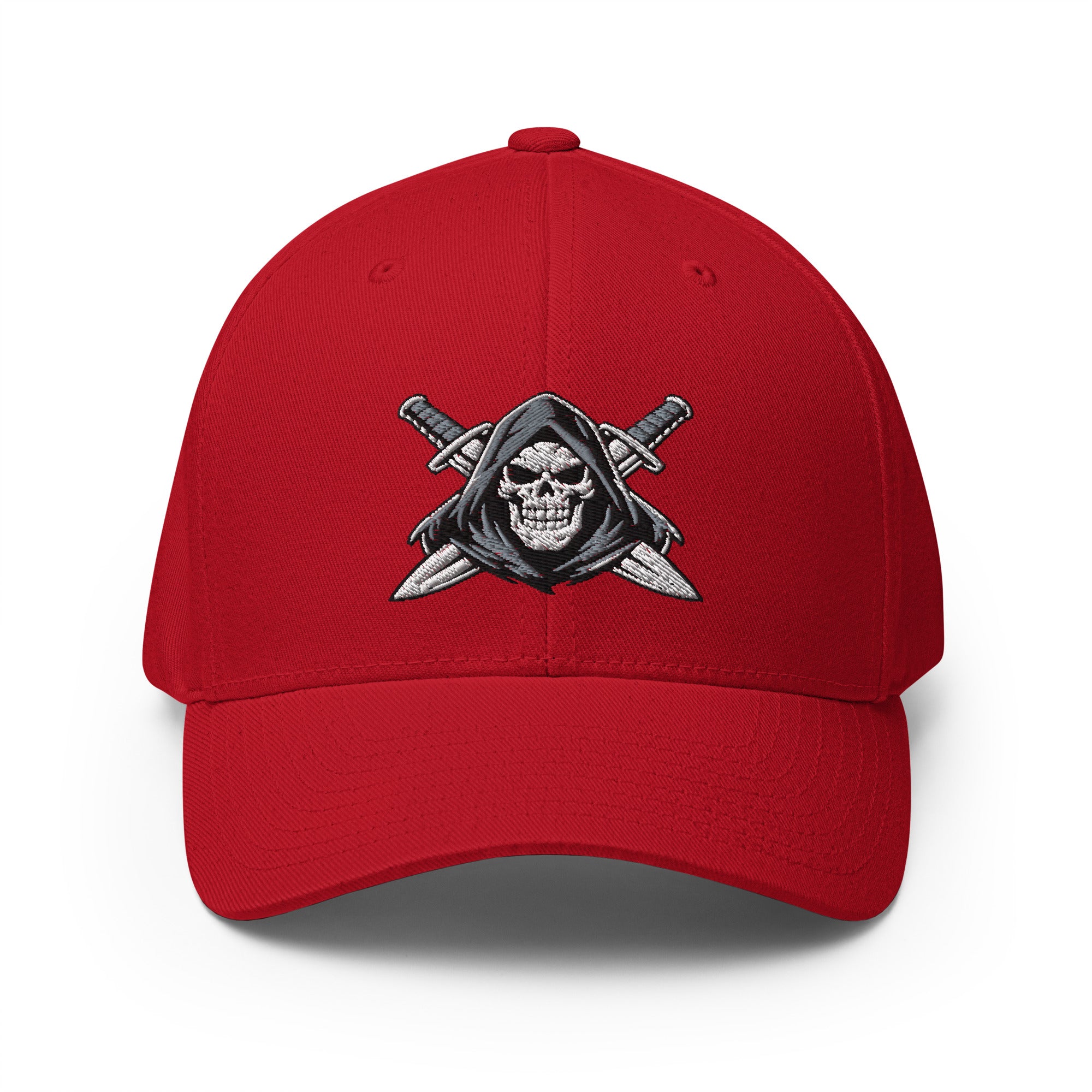 Red cap with a grim reaper design on a white background