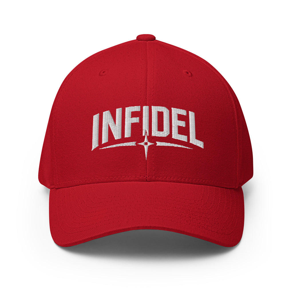 Red cap with 'INFIDEL' text on a white background