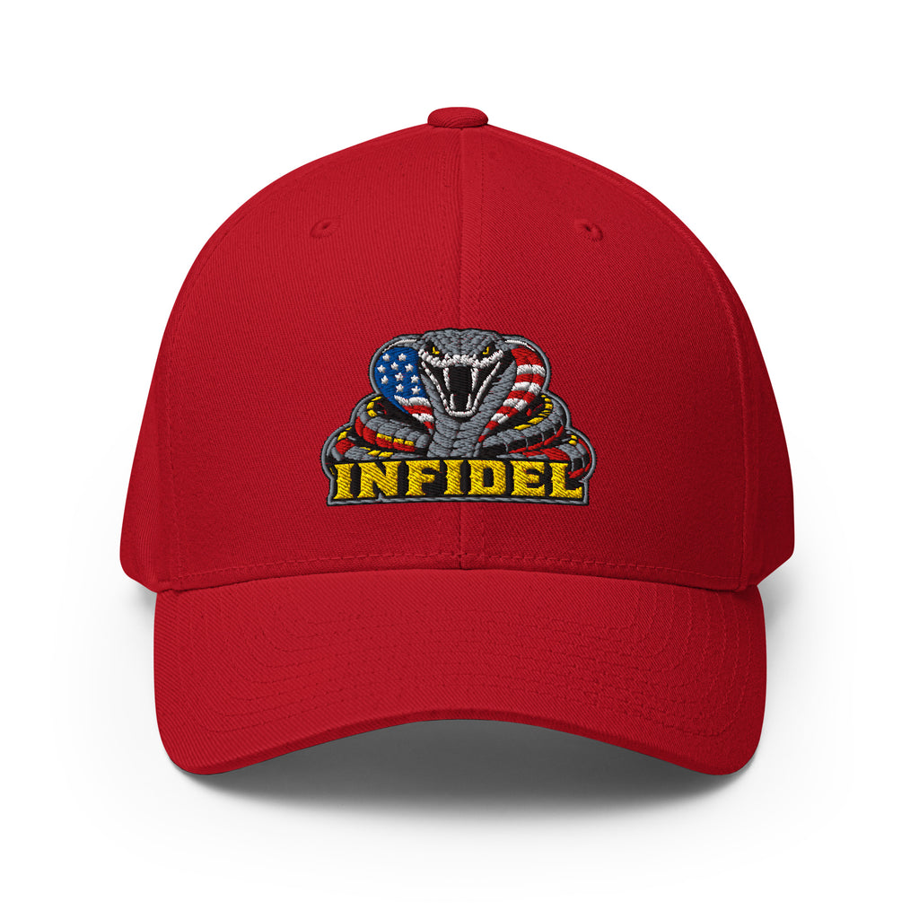 Front view of red Infidel USA Flag Cobra Flexfit hat