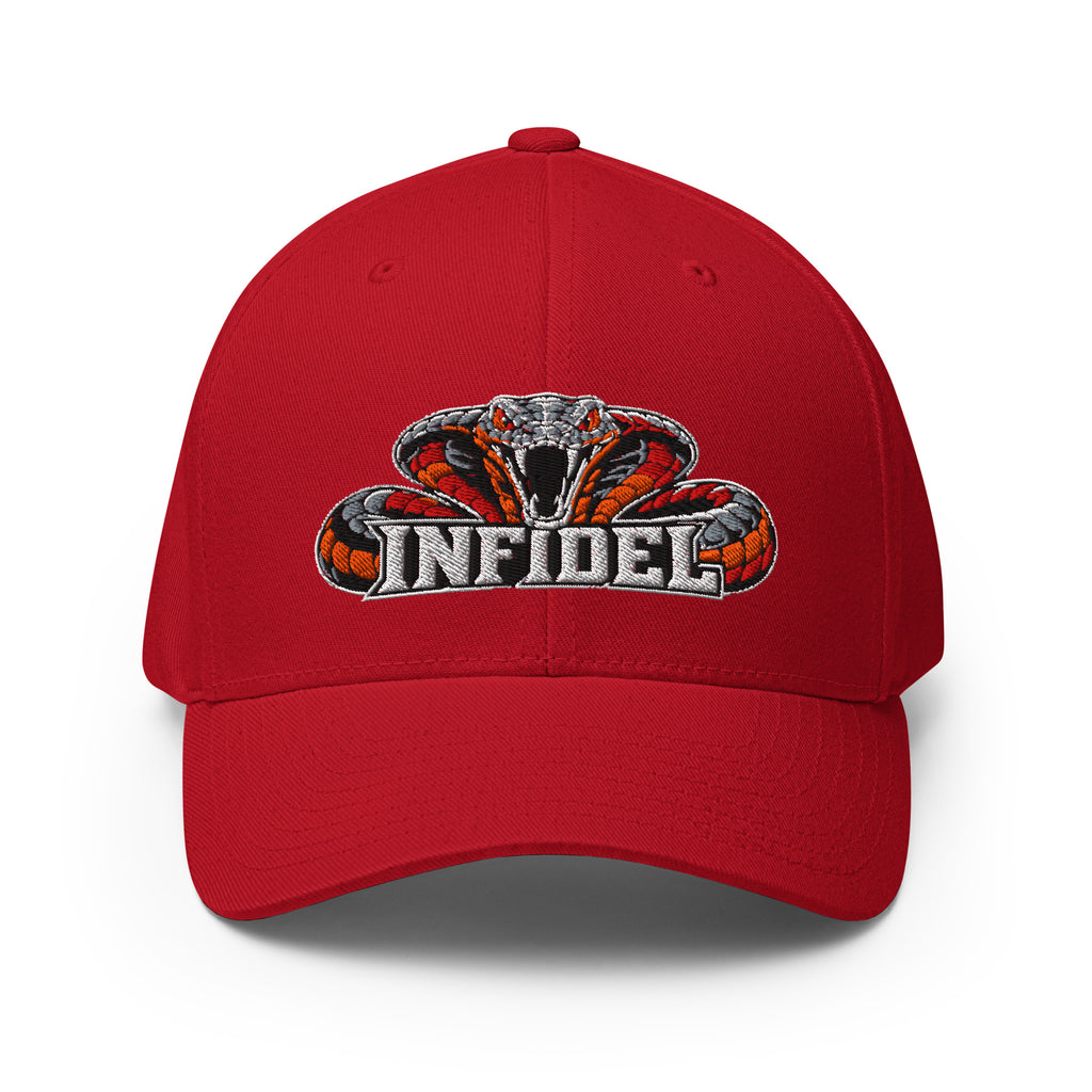 Front view of red Infidel Cobra King Flexfit hat