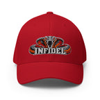 Front view of red Infidel Cobra King Flexfit hat