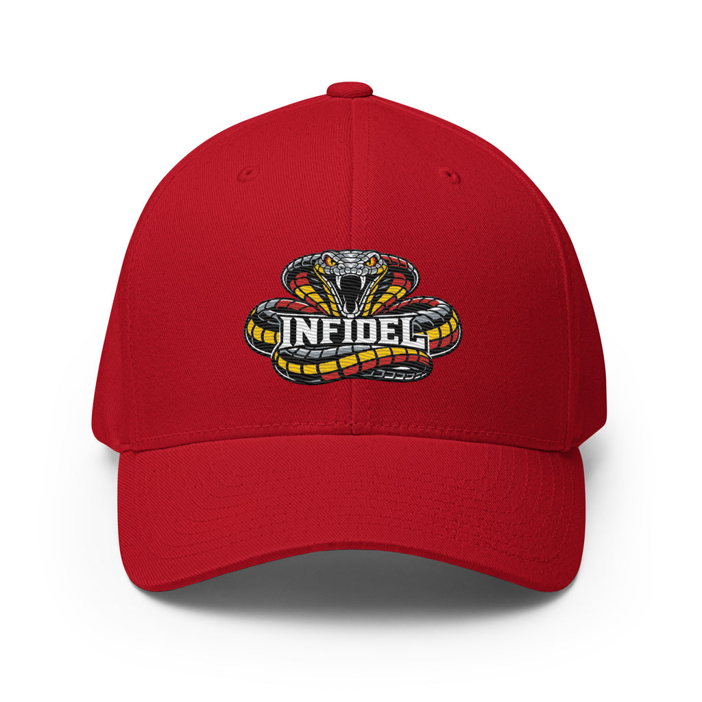 Front view of red Infidel Coiled Cobra Flexfit hat