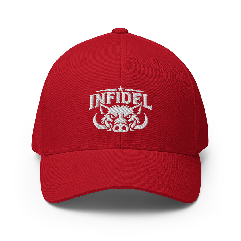 Front view of red Infidel War Pig Flexfit hat