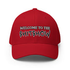 Front view of red Welcome to the Shitshow Flexfit hat